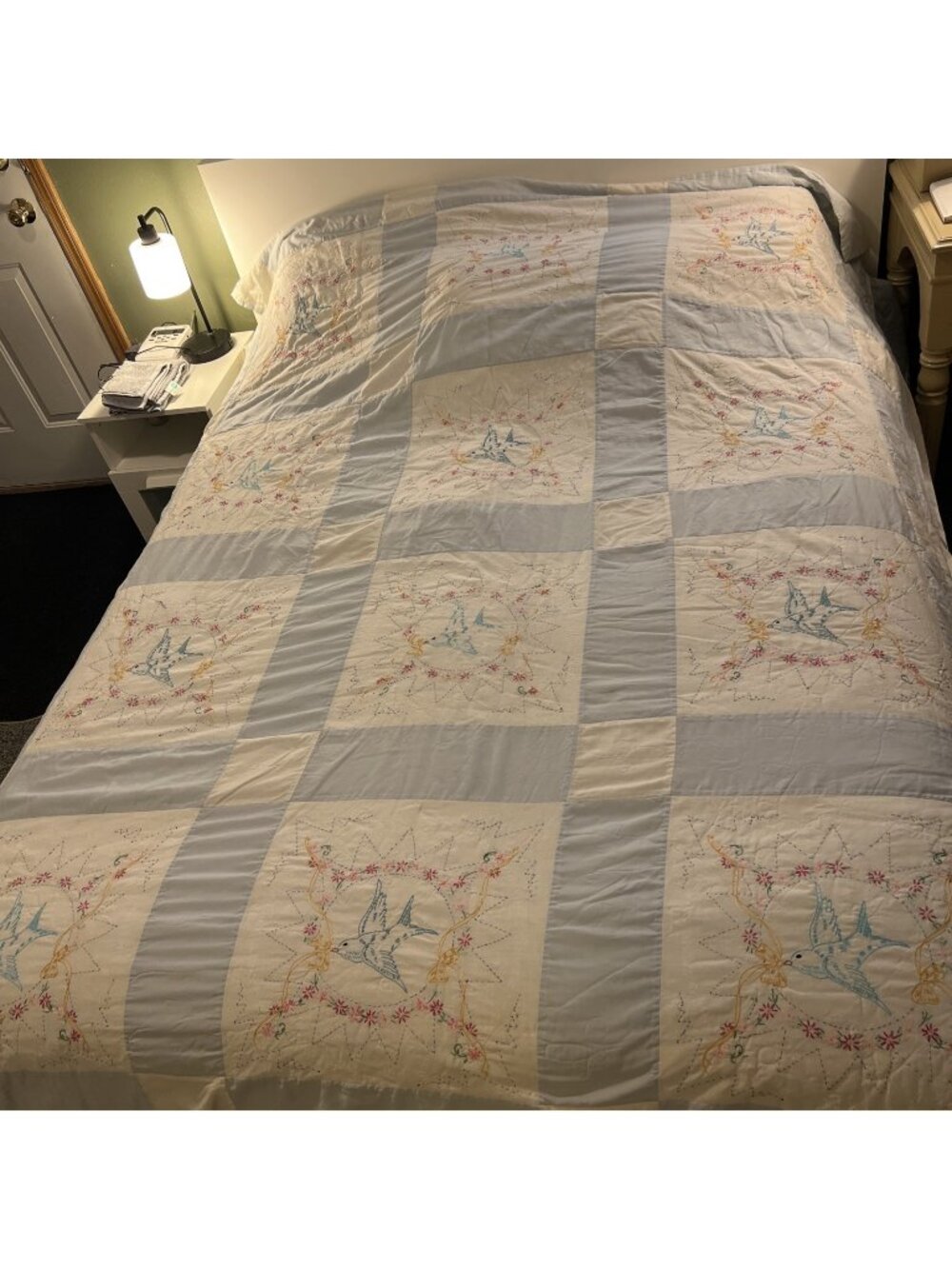 Vintage Quilt Bird Floral Wreath Handmade 74 inches wide x 98 inches long